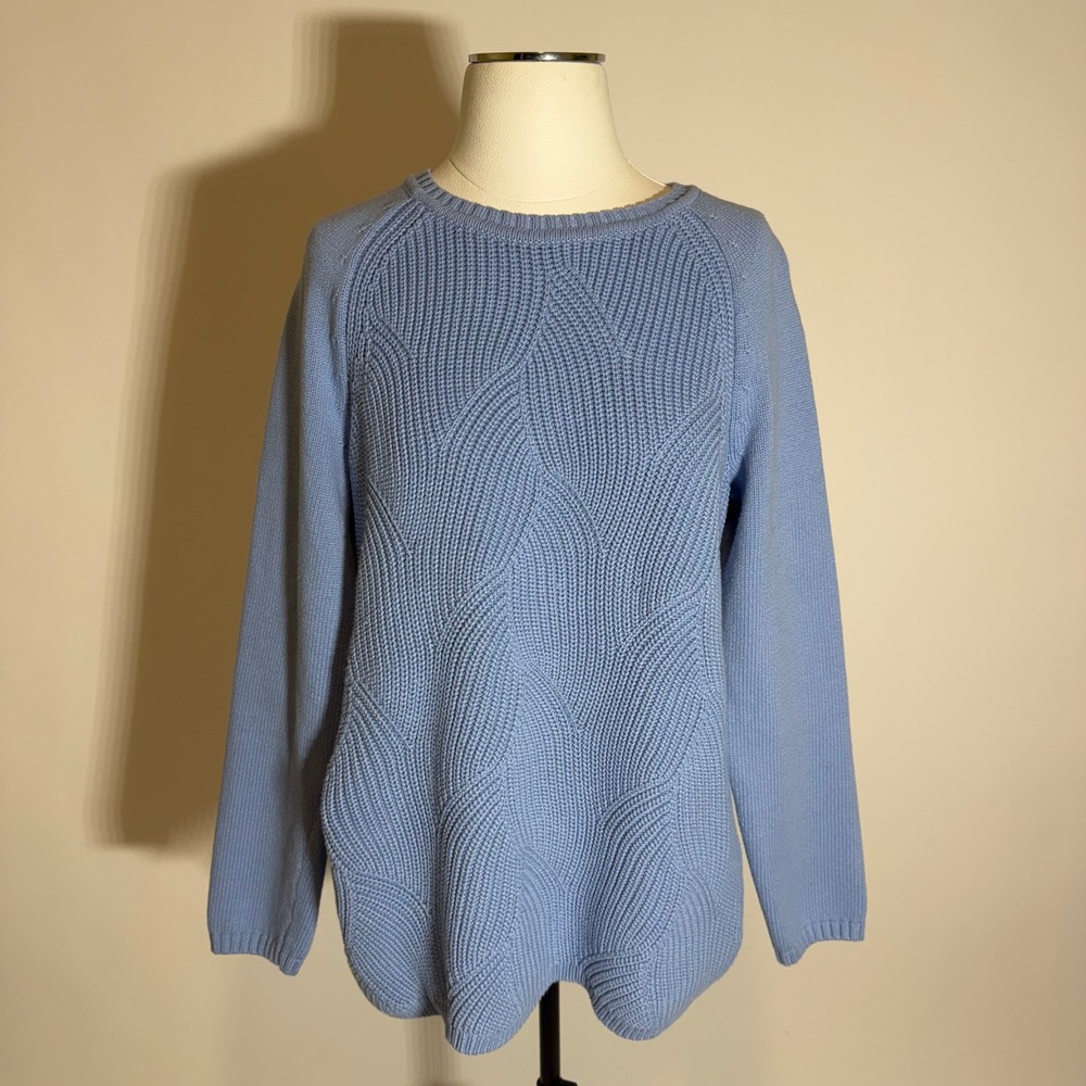 Talbots Womens Blue Wavy Knit Sweater Crew Neck Cotton Blend Size Large Chunky